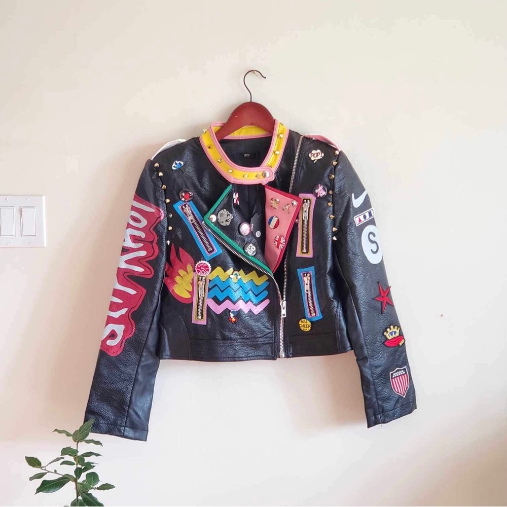 SX Honey Pot Black Faux Vegan Leather Jacket Slipknot Graffiti Punk Moto NWT XS - Picture 5 of 10